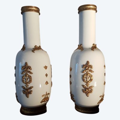 Pair of Louis XVI Style Porcelain Vases with Brass Decor