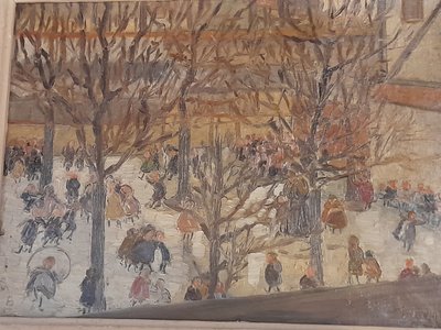 Cour d'école animée un jour d'hiver ht signée droite