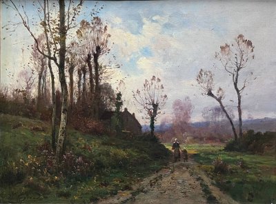 Painting by Théodore Legrand (born in 1853, died in 1897) representing a lively landscape at dusk