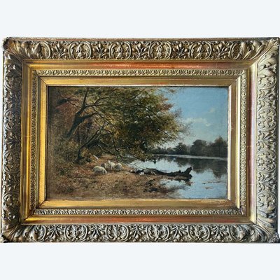 Tableau Huile Sur Panneau "Paysage aux cochons blancs en bord de rivière" signé XIX° siècle