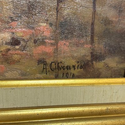 Peinture de paysage ancienne Huile sur panneau Alberto Cibrario 1910 Turin. Taille 62 