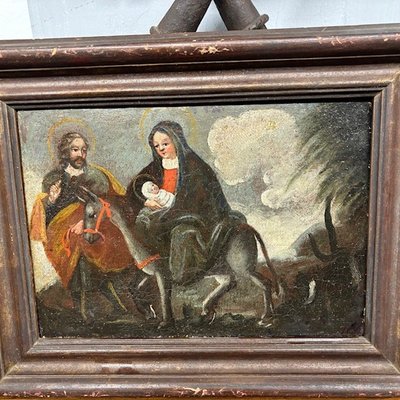 Tableau ancien à l'huile Fuite en Egypte Ecole italienne du XVIIe siècle. Taille 36 x 26 