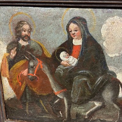 Tableau ancien à l'huile Fuite en Egypte Ecole italienne du XVIIe siècle. Taille 36 x 26 