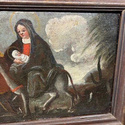 Tableau ancien à l'huile Fuite en Egypte Ecole italienne du XVIIe siècle. Taille 36 x 26 