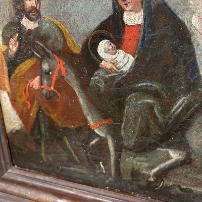 Tableau ancien à l'huile Fuite en Egypte Ecole italienne du XVIIe siècle. Taille 36 x 26 
