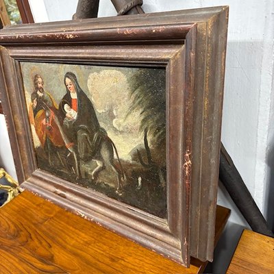 Tableau ancien à l'huile Fuite en Egypte Ecole italienne du XVIIe siècle. Taille 36 x 26 
