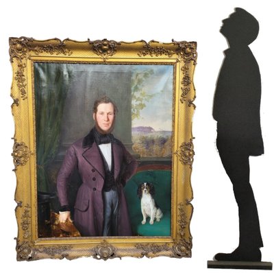 Ritratto di un gentiluomo e del suo cane (h160cm), Hst con cornice, XIX secolo