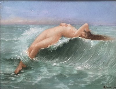 Ölgemälde auf Keramik „Die Welle“ signiert M. Damon 1918 + Rahmen, vgl. G. Seignac