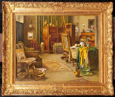 Paul Verdussen 1868-1944 Lo studio del pittore, interno, dipinto, circa 1900, Belgio