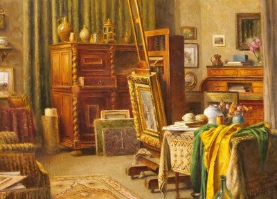 Paul Verdussen 1868-1944 Lo studio del pittore, interno, dipinto, circa 1900, Belgio