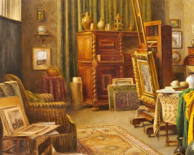 Paul Verdussen 1868-1944 Lo studio del pittore, interno, dipinto, circa 1900, Belgio