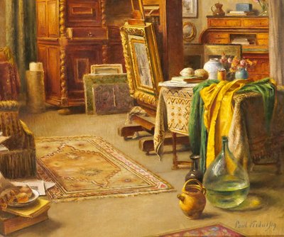 Paul Verdussen 1868-1944 Lo studio del pittore, interno, dipinto, circa 1900, Belgio