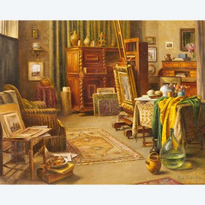 Paul Verdussen 1868-1944 Lo studio del pittore, interno, dipinto, circa 1900, Belgio
