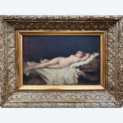 Dipinto XIX secolo Nudo disteso su un lenzuolo bianco, Venere languida addormentata A. Bin