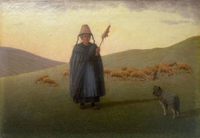 Tableau HST XIX° siècle Berger avec moutons et chien en alpage signé A. Trefois