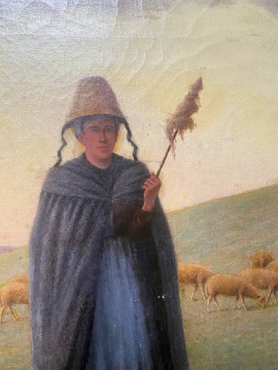 Tableau HST XIX° siècle Berger avec moutons et chien en alpage signé A. Trefois