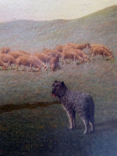Tableau HST XIX° siècle Berger avec moutons et chien en alpage signé A. Trefois