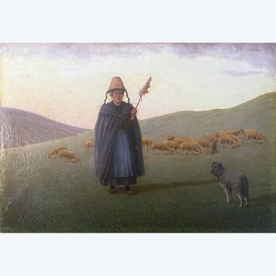 Tableau HST XIX° siècle Berger avec moutons et chien en alpage signé A. Trefois
