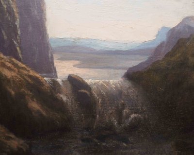 Dipinto del XIX secolo Paesaggio montano al crepuscolo con torrente + cornice