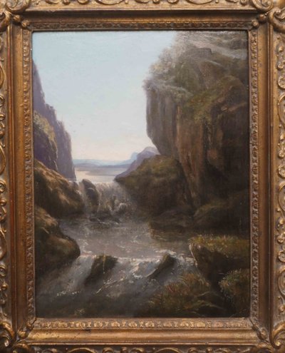 Dipinto del XIX secolo Paesaggio montano al crepuscolo con torrente + cornice