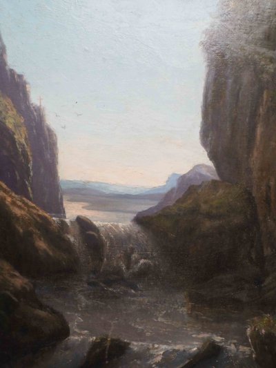 Dipinto del XIX secolo Paesaggio montano al crepuscolo con torrente + cornice