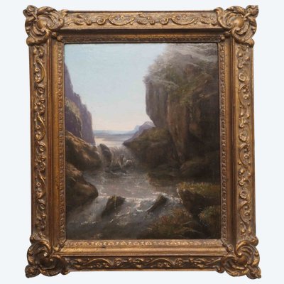 Dipinto del XIX secolo Paesaggio montano al crepuscolo con torrente + cornice