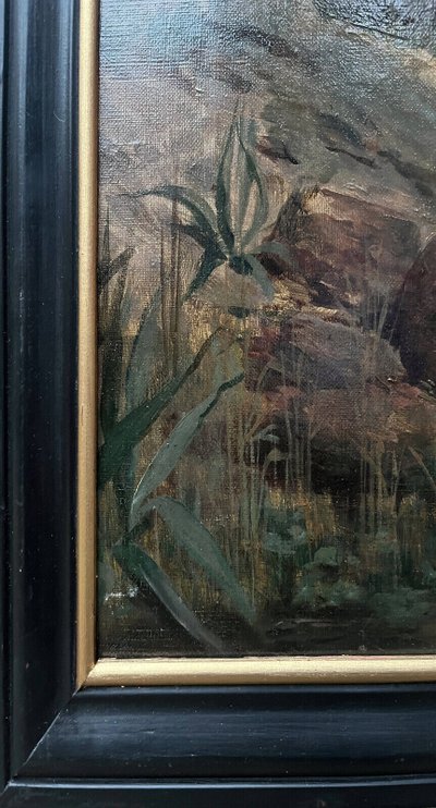 Dipinto ad olio su tela (XIX/XX secolo) Bambini pescatori nel sottobosco