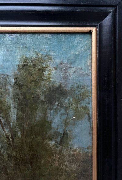 Dipinto ad olio su tela (XIX/XX secolo) Bambini pescatori nel sottobosco