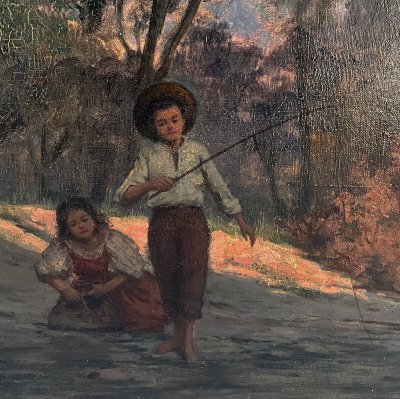 Dipinto ad olio su tela (XIX/XX secolo) Bambini pescatori nel sottobosco