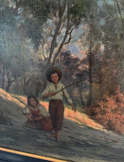 Dipinto ad olio su tela (XIX/XX secolo) Bambini pescatori nel sottobosco