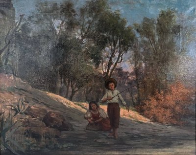 Dipinto ad olio su tela (XIX/XX secolo) Bambini pescatori nel sottobosco