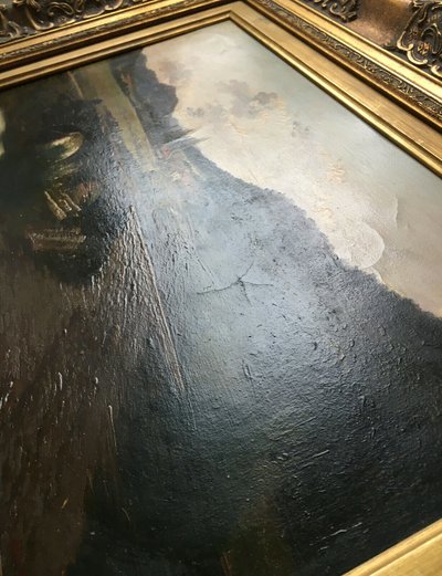 Gemälde H auf Leinwand „Belebte Landschaft“ 19. Jahrhundert signiert