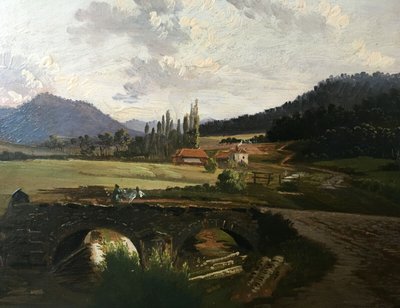 Gemälde H auf Leinwand „Belebte Landschaft“ 19. Jahrhundert signiert