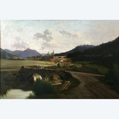 Gemälde H auf Leinwand „Belebte Landschaft“ 19. Jahrhundert signiert