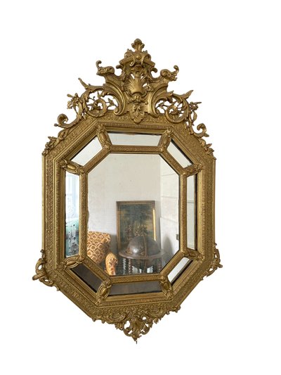 Miroir Octogonal Doré à Parecloses D’époque XIXᵉ Siècle – 83cm X 162cm