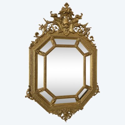 Specchio ottagonale dorato del XIX secolo con perle di vetro – 83 cm X 162 cm
