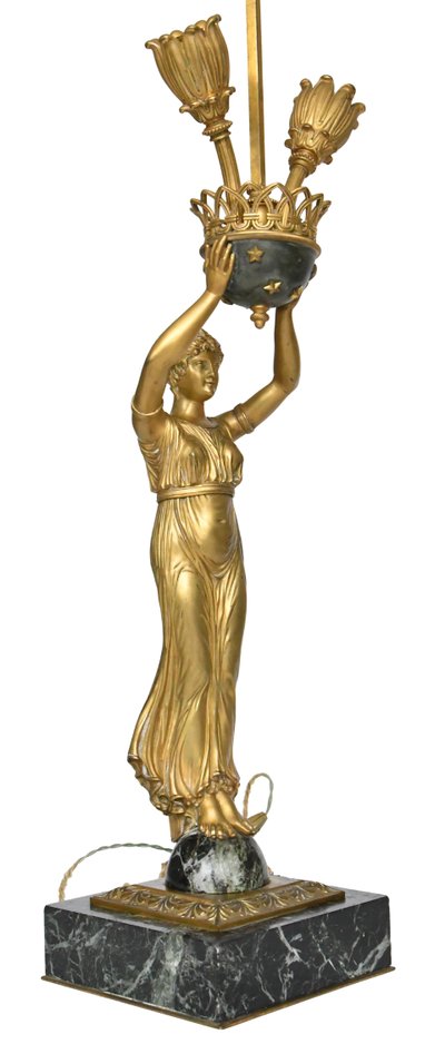 Lampada in bronzo dorato e marmo in stile impero raffigurante una cariatide