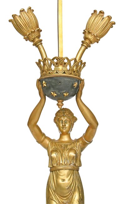 Lampada in bronzo dorato e marmo in stile impero raffigurante una cariatide