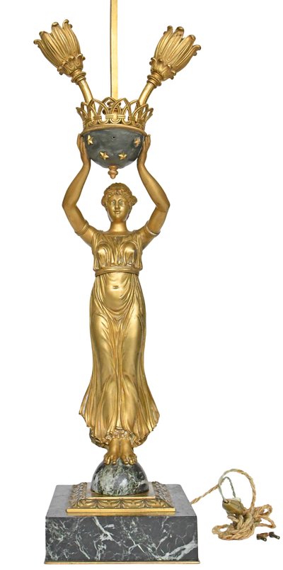 Lampada in bronzo dorato e marmo in stile impero raffigurante una cariatide