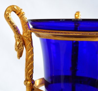 Empire period Athenian vase, gilded bronze and blue crystal, swan neck decoration
