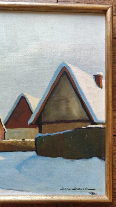 Ancienne Peinture Tableau Toile  Paysage Neige Jean Beaudoin