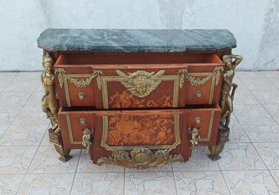 Commode Louis XVI style Jean-Henry Riesener en hêtre bronze et marbre 20ème