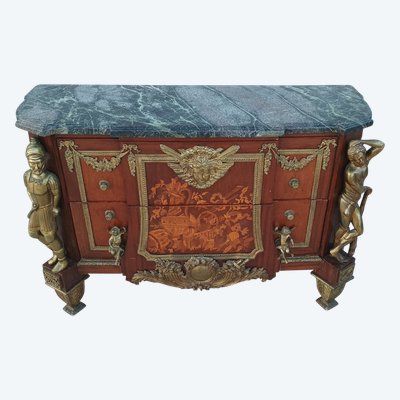 Commode Louis XVI style Jean-Henry Riesener en hêtre bronze et marbre 20ème