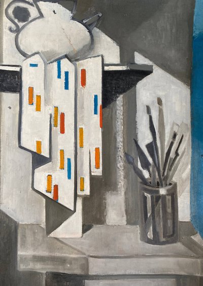 Tableau Huile sur Toile Cubisme par Guy Feinstein (né en 1929) "L'atelier de l'artiste" 1956