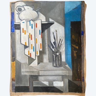 Tableau Huile sur Toile Cubisme par Guy Feinstein (né en 1929) "L'atelier de l'artiste" 1956