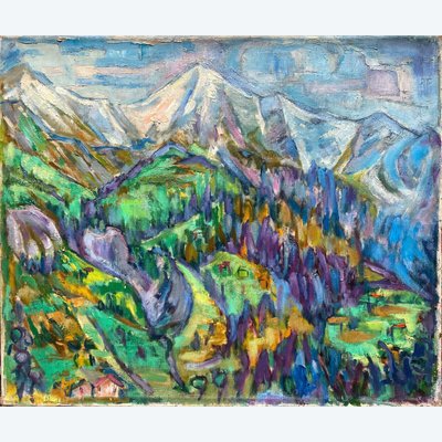 Tableau "Les Alpes" Huile sur Toile M. GUETTA-FATTAL (1922-2009) Fauvisme Cubisme Montagne
