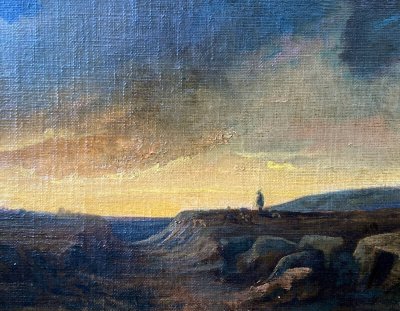 Dipinto del XIX secolo Paesaggio romantico "Pastore solitario al tramonto" HST/P + cornice