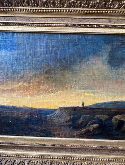 Dipinto del XIX secolo Paesaggio romantico "Pastore solitario al tramonto" HST/P + cornice