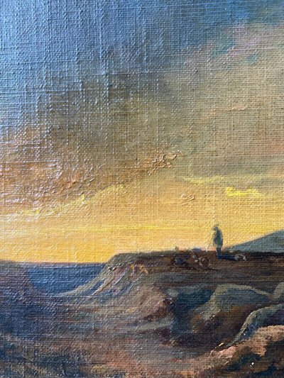 Dipinto del XIX secolo Paesaggio romantico "Pastore solitario al tramonto" HST/P + cornice