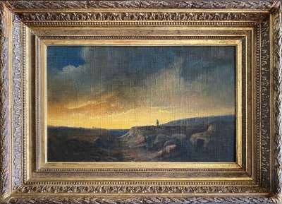 Dipinto del XIX secolo Paesaggio romantico "Pastore solitario al tramonto" HST/P + cornice